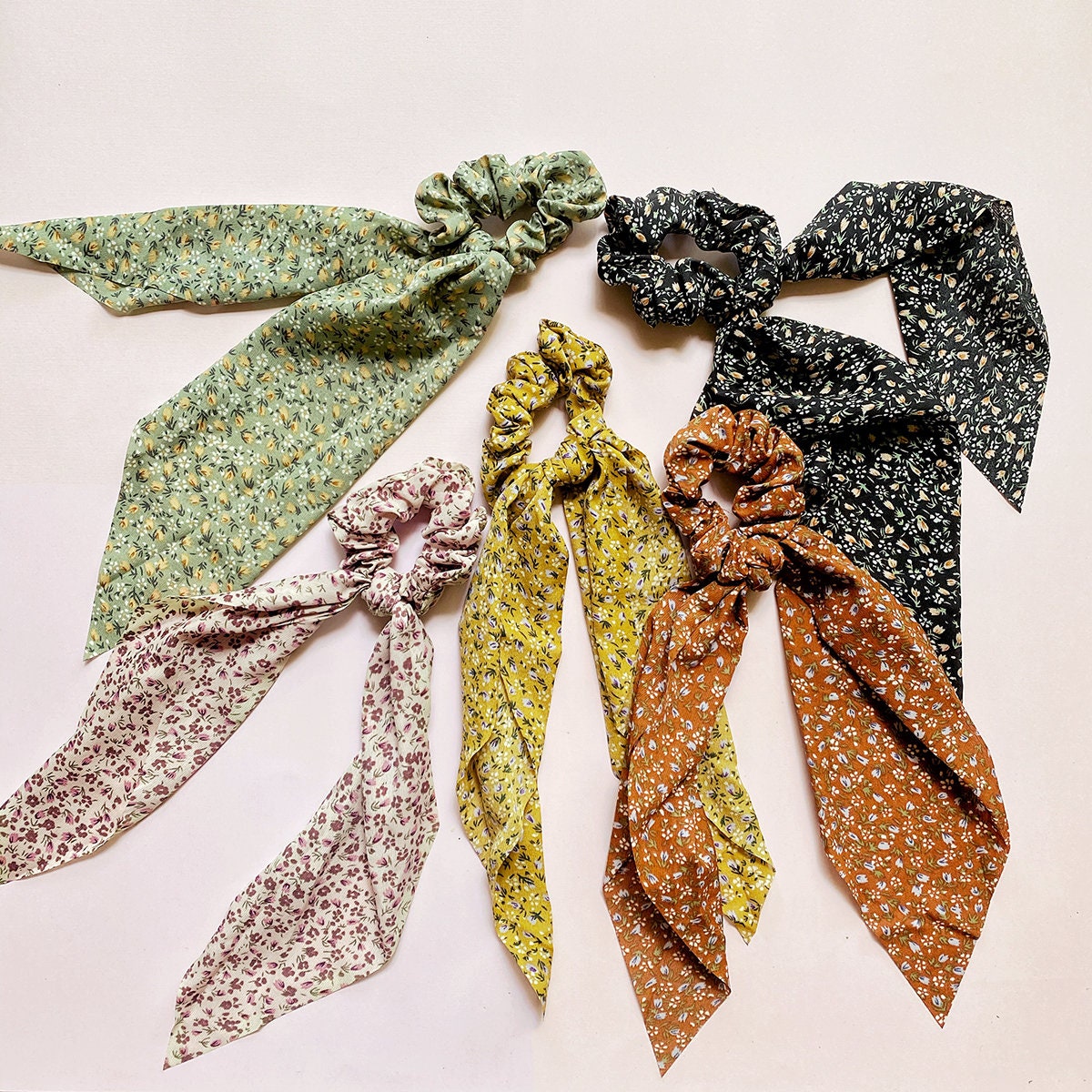 Dainty Mini Floral Scrunchies Scarf | Women's Girl's Fashion Hair Accessories Ponytail Buns Top Knots