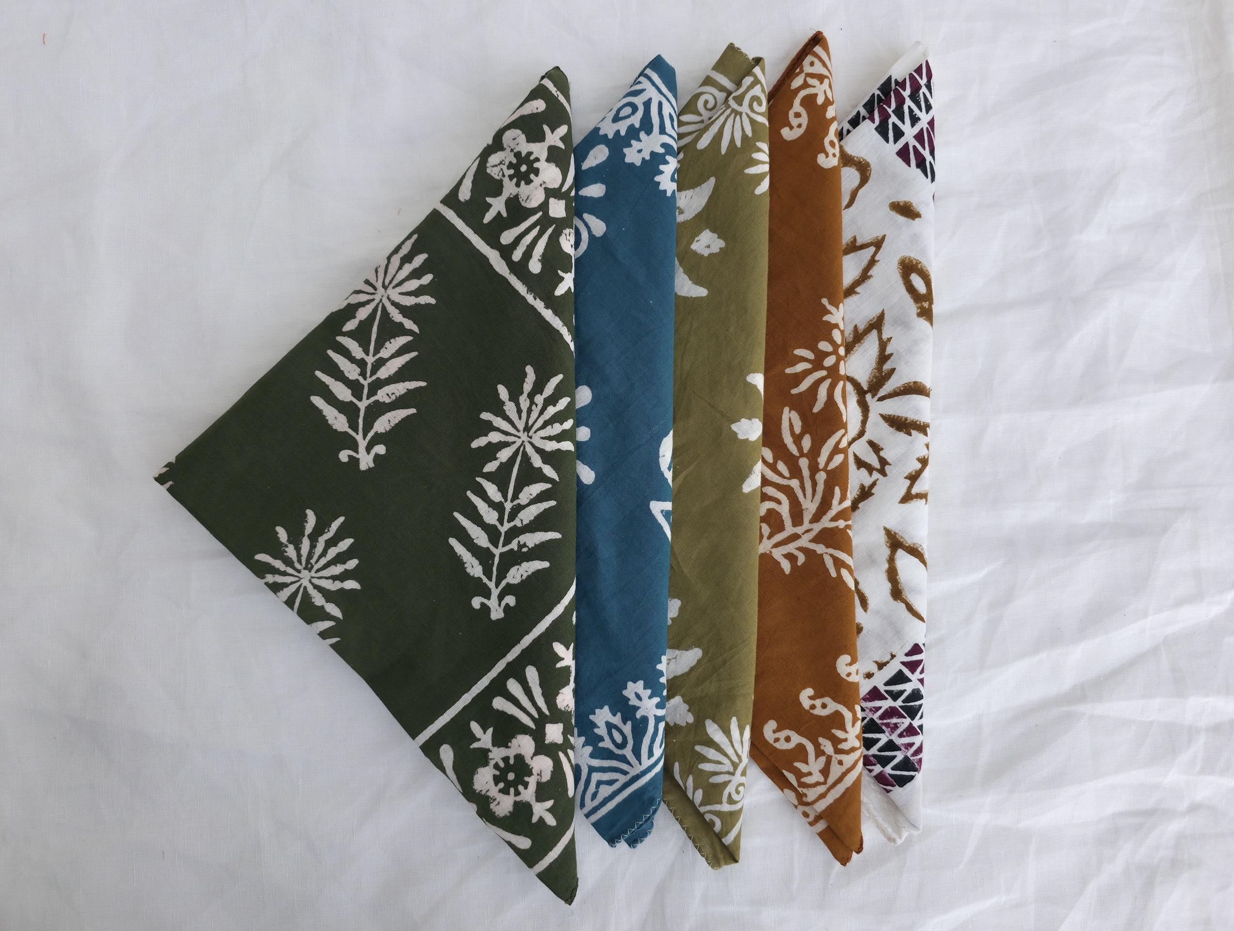 Set Of 5 Hand Block Printed Bandanas – Cotton Bandana, Summer Hair Accessory, Boho Head Scarf, Neck Wrap, Eco-friendly Gift | 100% Cotton |