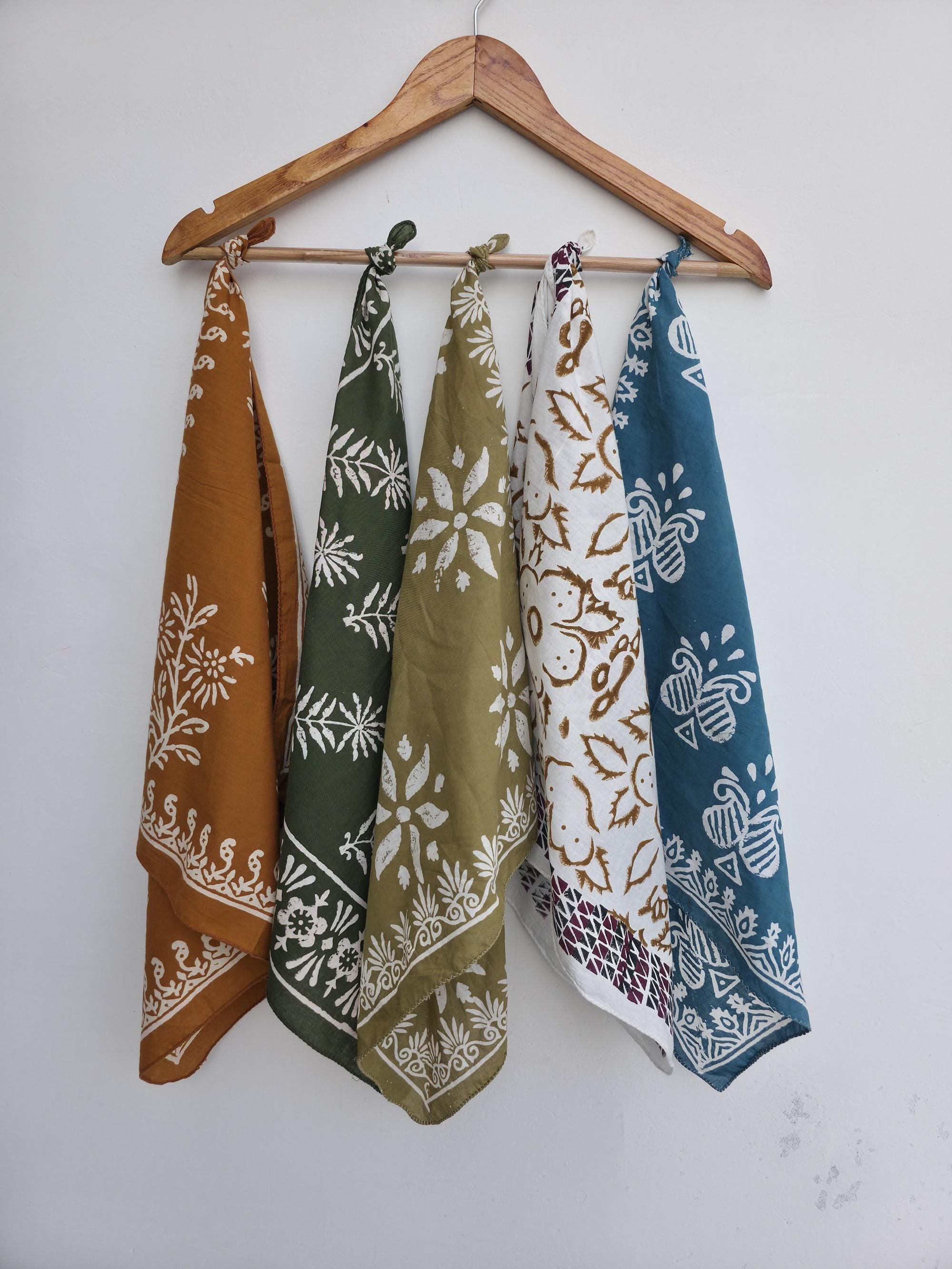 Set Of 5 Hand Block Printed Bandanas – Cotton Bandana, Summer Hair Accessory, Boho Head Scarf, Neck Wrap, Eco-friendly Gift | 100% Cotton |