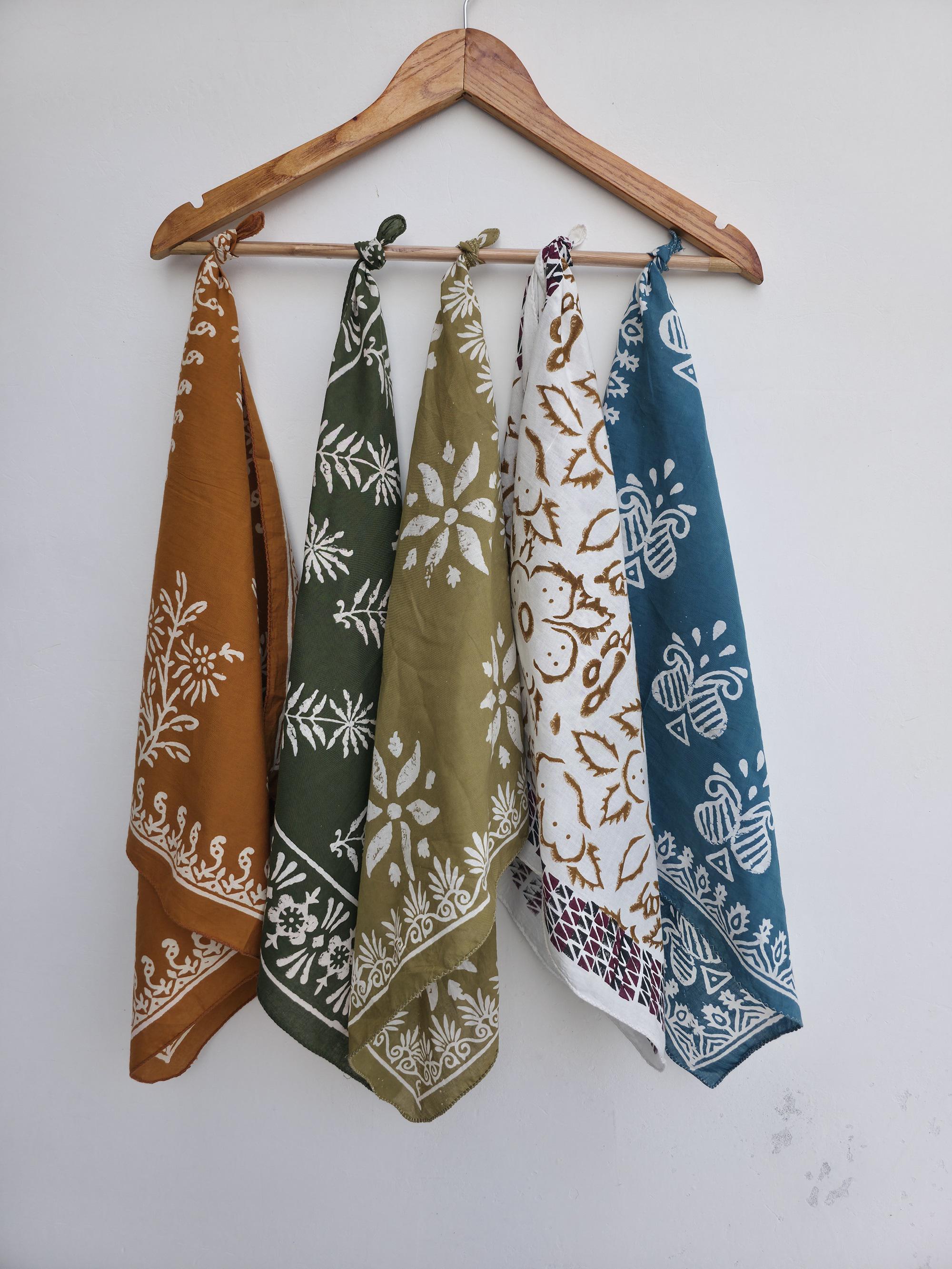 Set Of 5 Hand Block Printed Bandanas – Cotton Bandana, Summer Hair Accessory, Boho Head Scarf, Neck Wrap, Eco-friendly Gift | 100% Cotton |