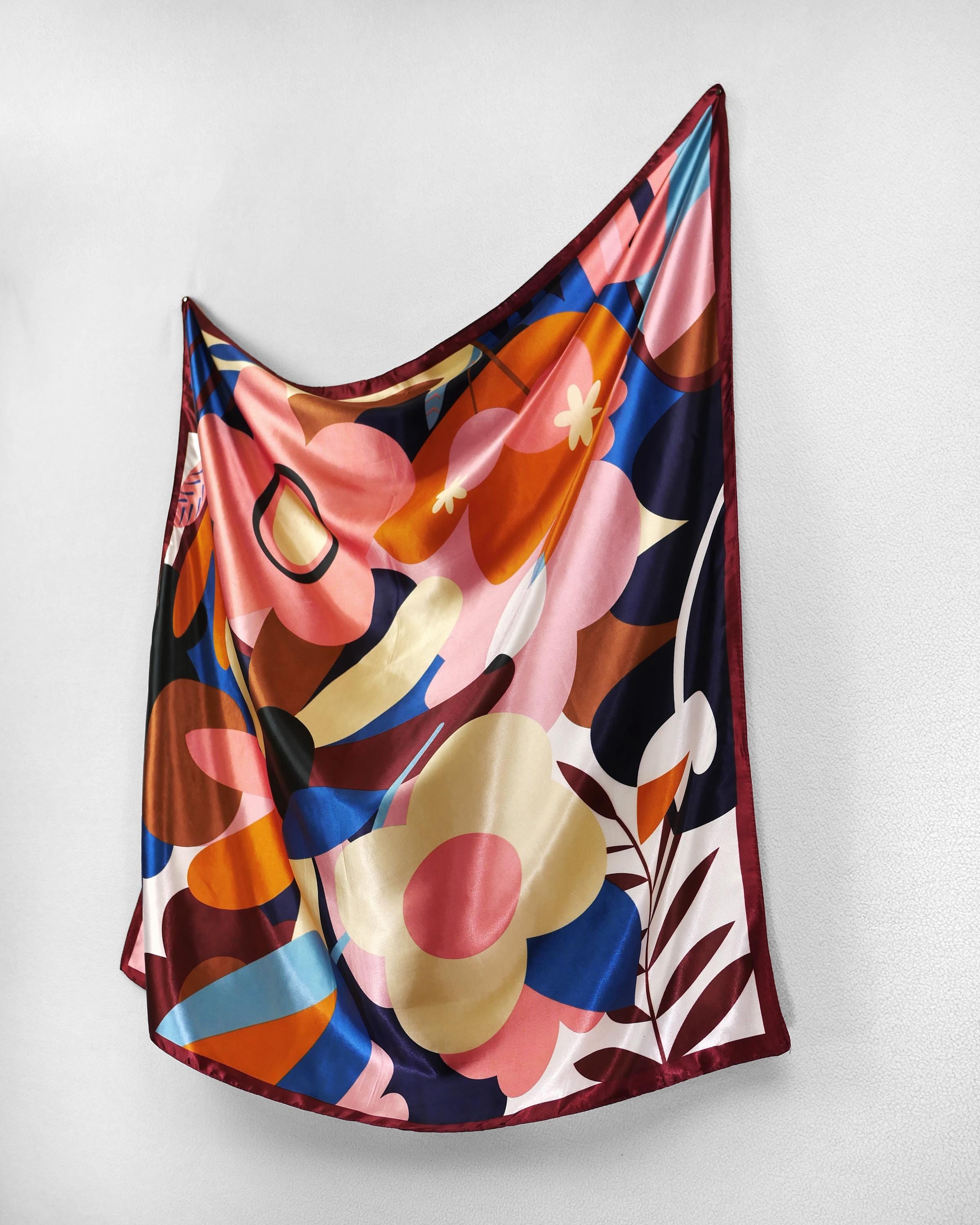 Fuscia Pink Floral Satin Square Scarf, Fuchsia Baroque Print Bandana, Chic Fashion Headscarf For Women, Retro Print Neck Or Hair Accessory