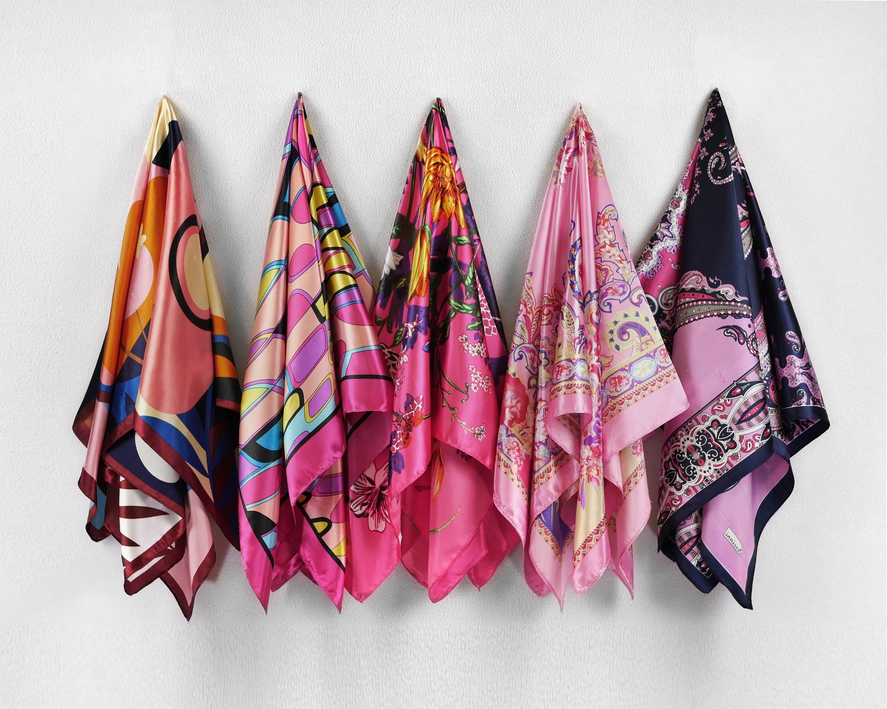 Fuscia Pink Floral Satin Square Scarf, Fuchsia Baroque Print Bandana, Chic Fashion Headscarf For Women, Retro Print Neck Or Hair Accessory