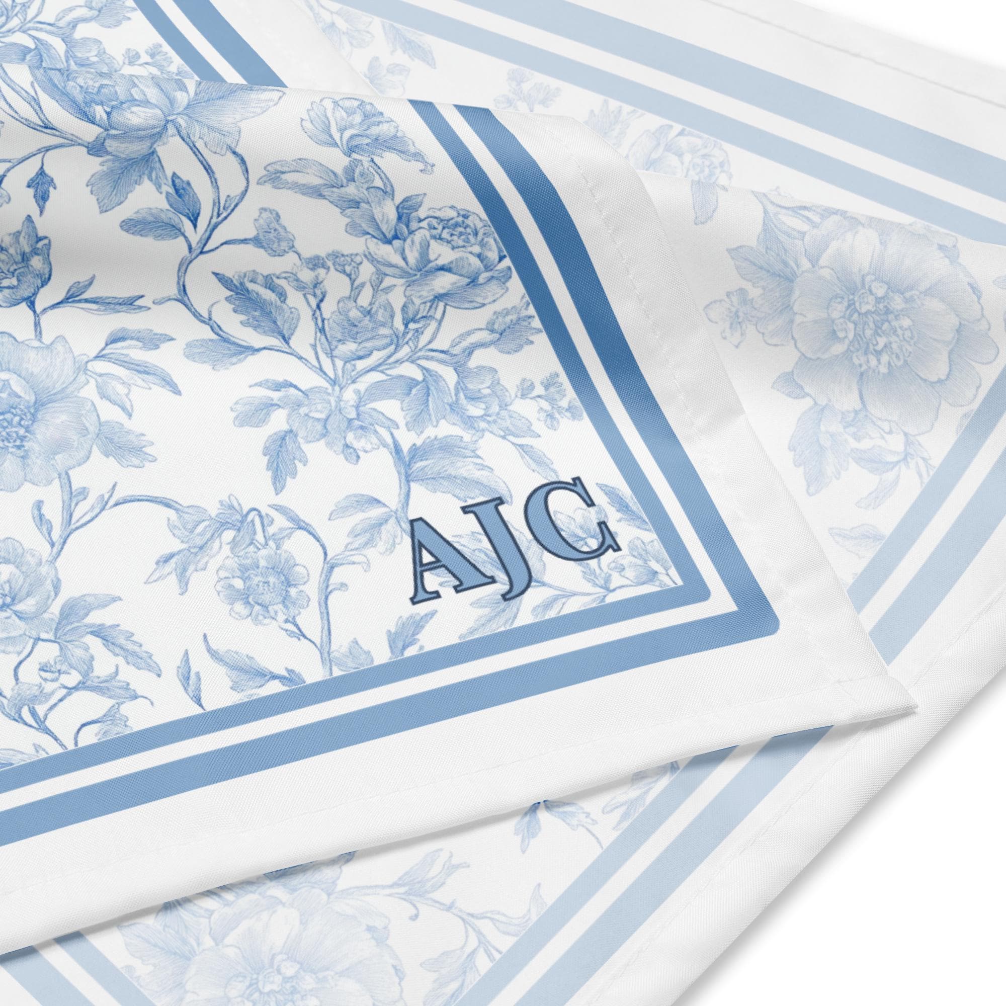 Custom Monogrammed Icy Blue Floral Toile Bandana Scarf • Personalized Preppy Headband •  Purse Scarf • Spring Neck Tie  • Chinoiserie Sash