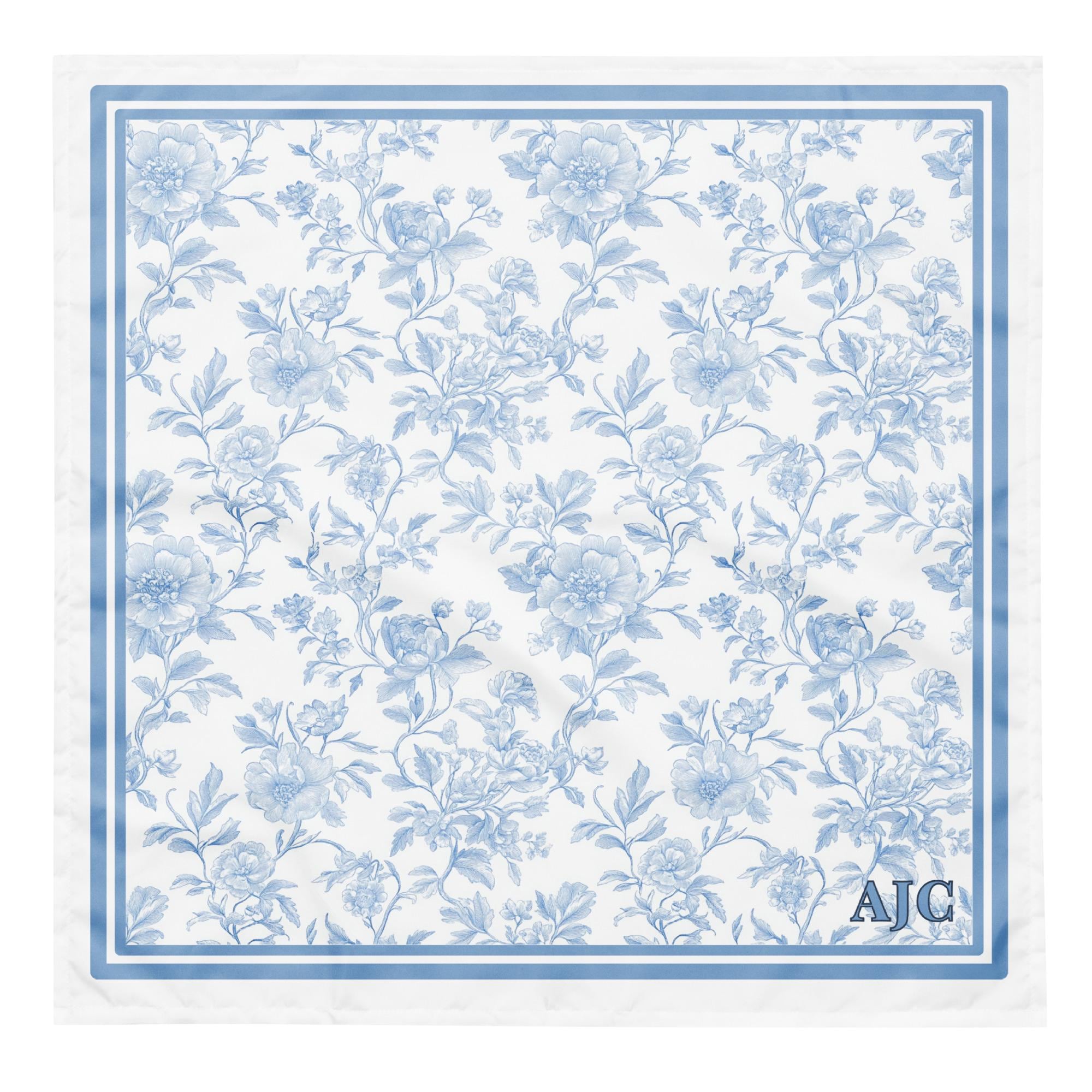 Custom Monogrammed Icy Blue Floral Toile Bandana Scarf • Personalized Preppy Headband •  Purse Scarf • Spring Neck Tie  • Chinoiserie Sash