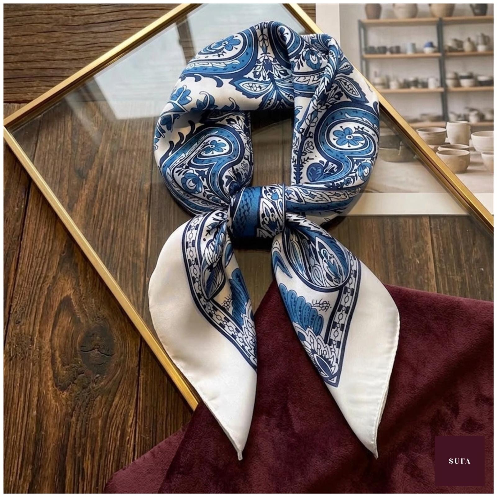 Paisley Silk Scarf, Elegant Bandana Headband, Neck Kerchief Wrap Accessory