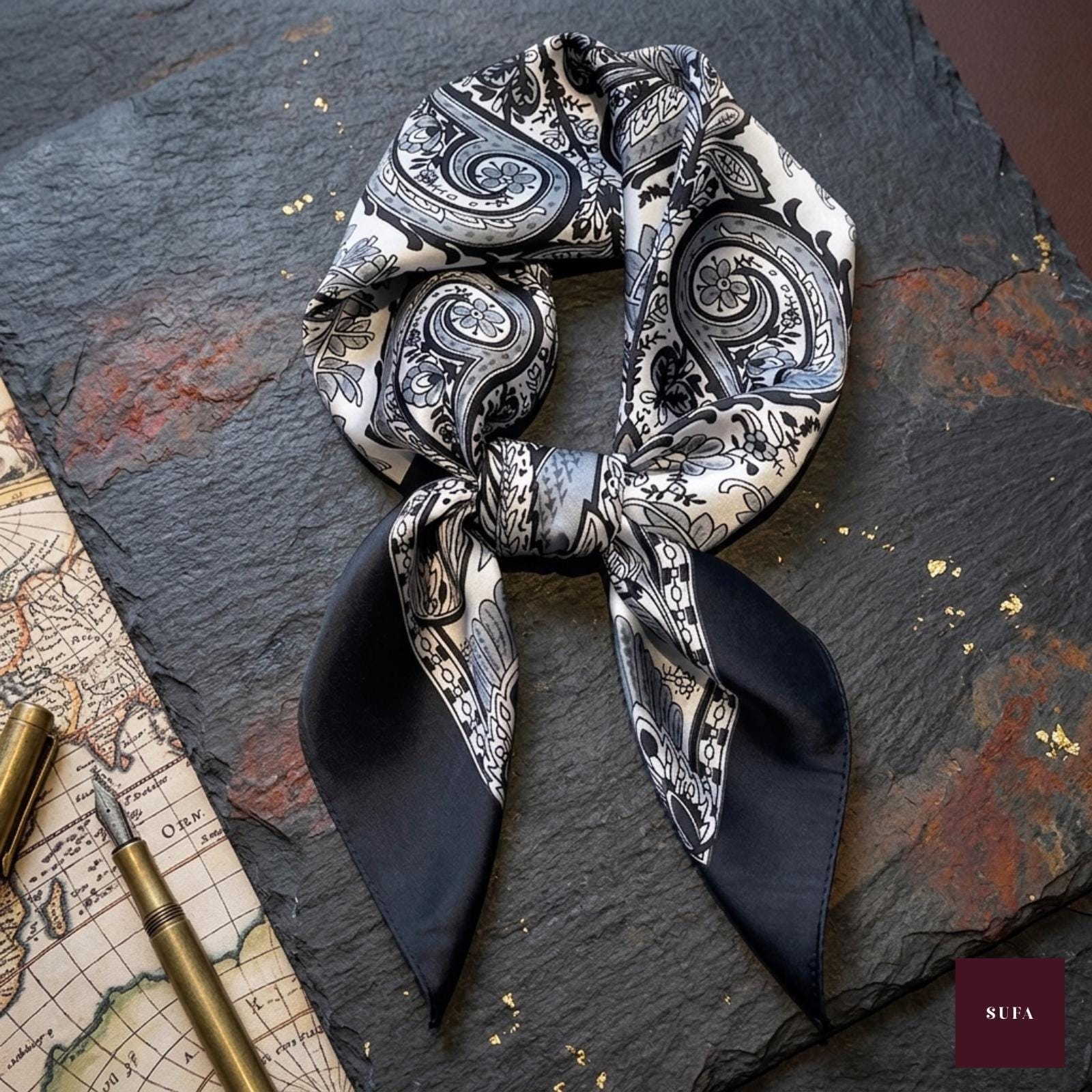 Paisley Silk Scarf, Elegant Bandana Headband, Neck Kerchief Wrap Accessory