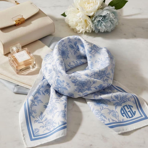 Custom Monogrammed Icy Blue Floral Toile Bandana Scarf • Personalized Preppy Headband •  Purse Scarf • Spring Neck Tie  • Chinoiserie Sash