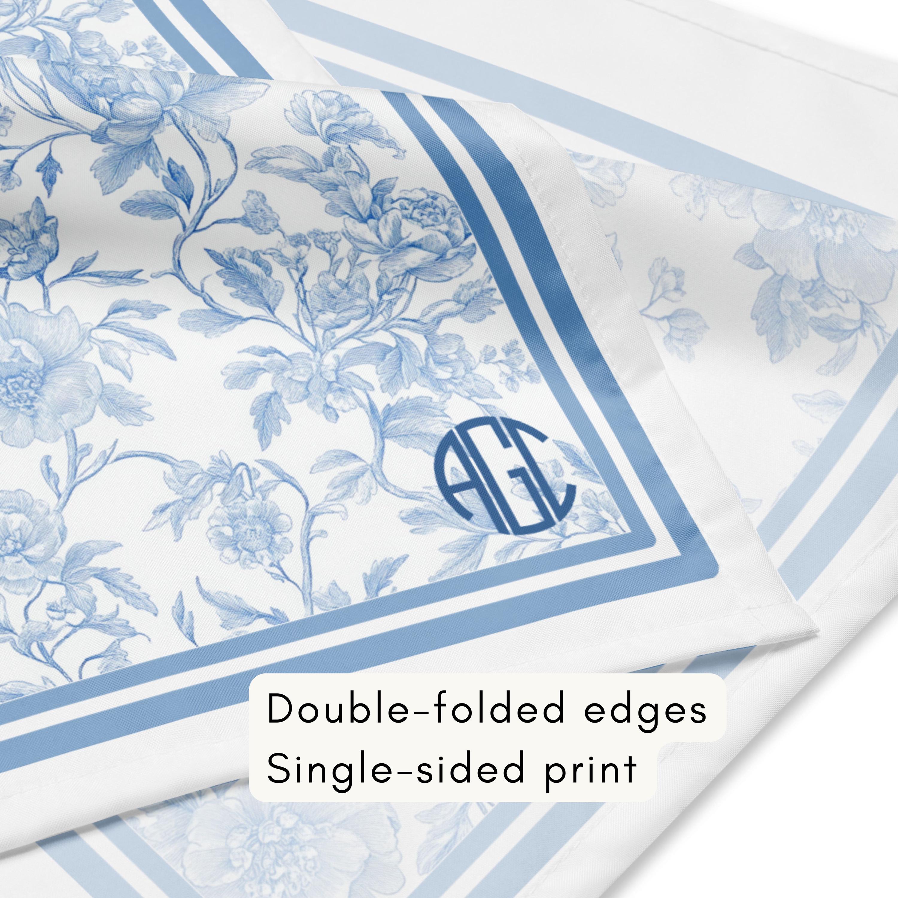 Custom Monogrammed Icy Blue Floral Toile Bandana Scarf • Personalized Preppy Headband •  Purse Scarf • Spring Neck Tie  • Chinoiserie Sash