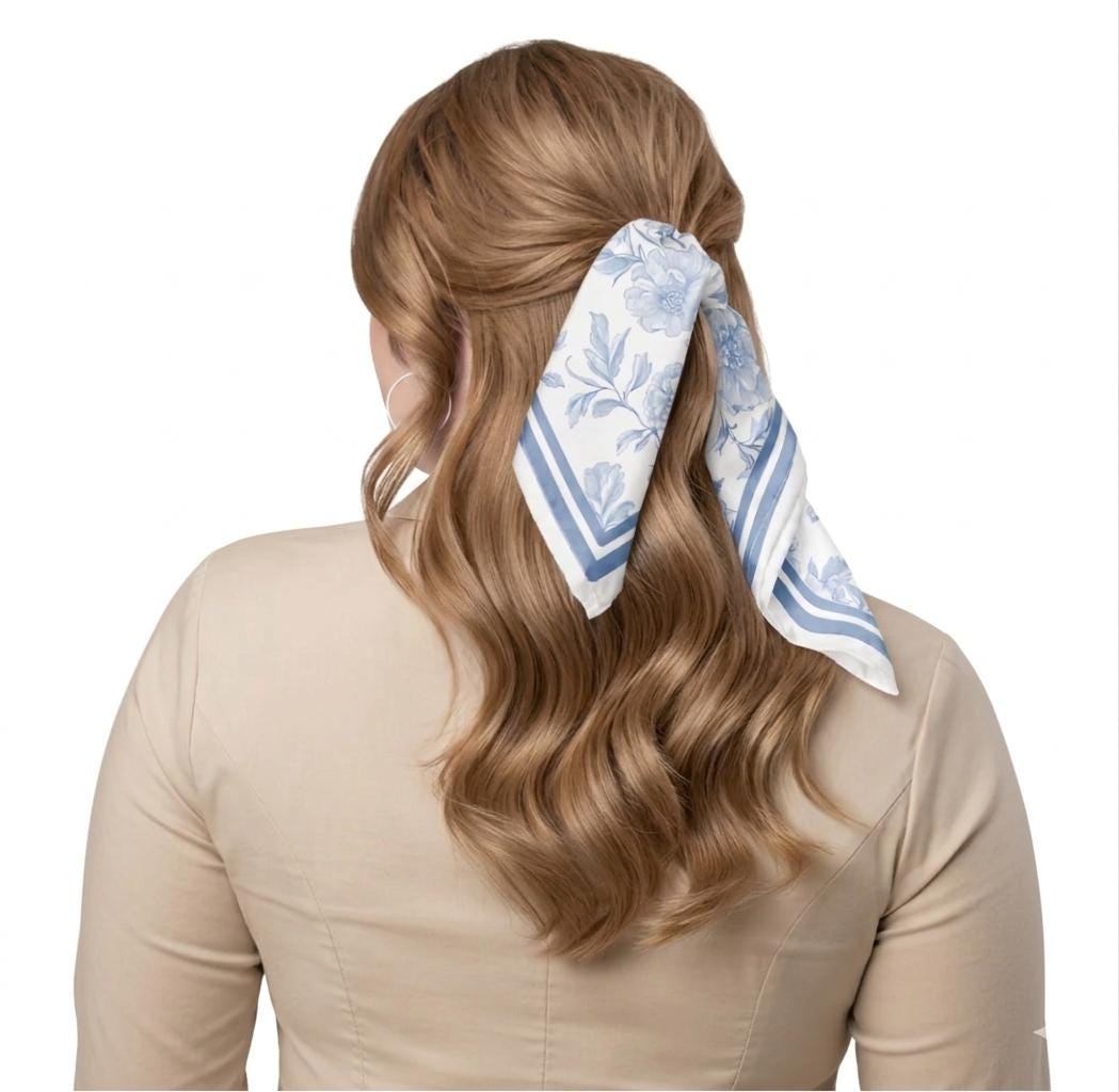 Custom Monogrammed Icy Blue Floral Toile Bandana Scarf • Personalized Preppy Headband •  Purse Scarf • Spring Neck Tie  • Chinoiserie Sash