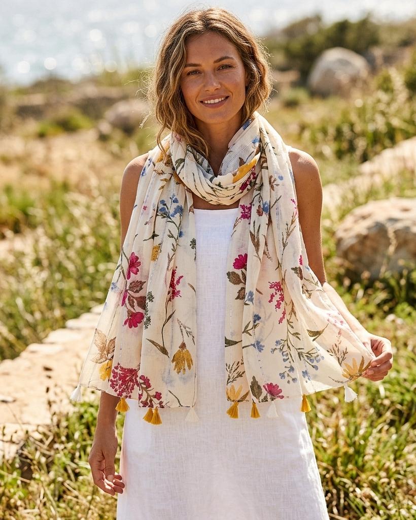 Floral Print Scarf With Tassels, Lightweight Summer Shawl For Women, Boho Flower Pattern Wrap, Elegant Gift For Her, Cotton Blend Beach Cove