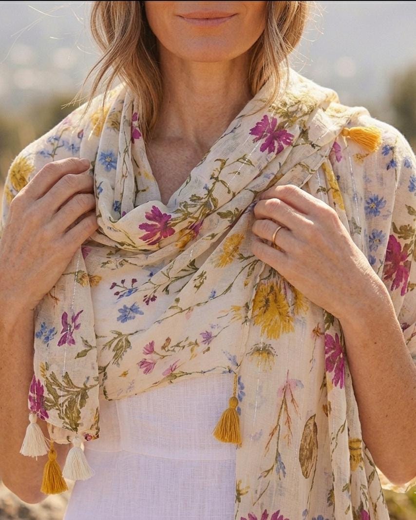 Floral Print Scarf With Tassels, Lightweight Summer Shawl For Women, Boho Flower Pattern Wrap, Elegant Gift For Her, Cotton Blend Beach Cove