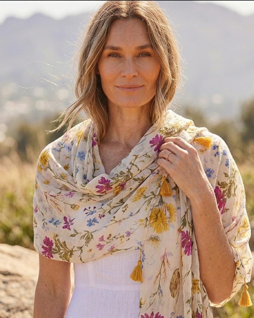 Floral Print Scarf With Tassels, Lightweight Summer Shawl For Women, Boho Flower Pattern Wrap, Elegant Gift For Her, Cotton Blend Beach Cove