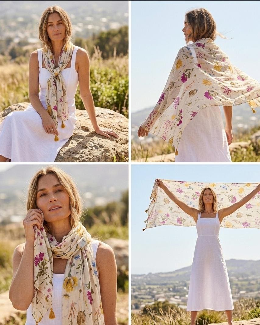Floral Print Scarf With Tassels, Lightweight Summer Shawl For Women, Boho Flower Pattern Wrap, Elegant Gift For Her, Cotton Blend Beach Cove